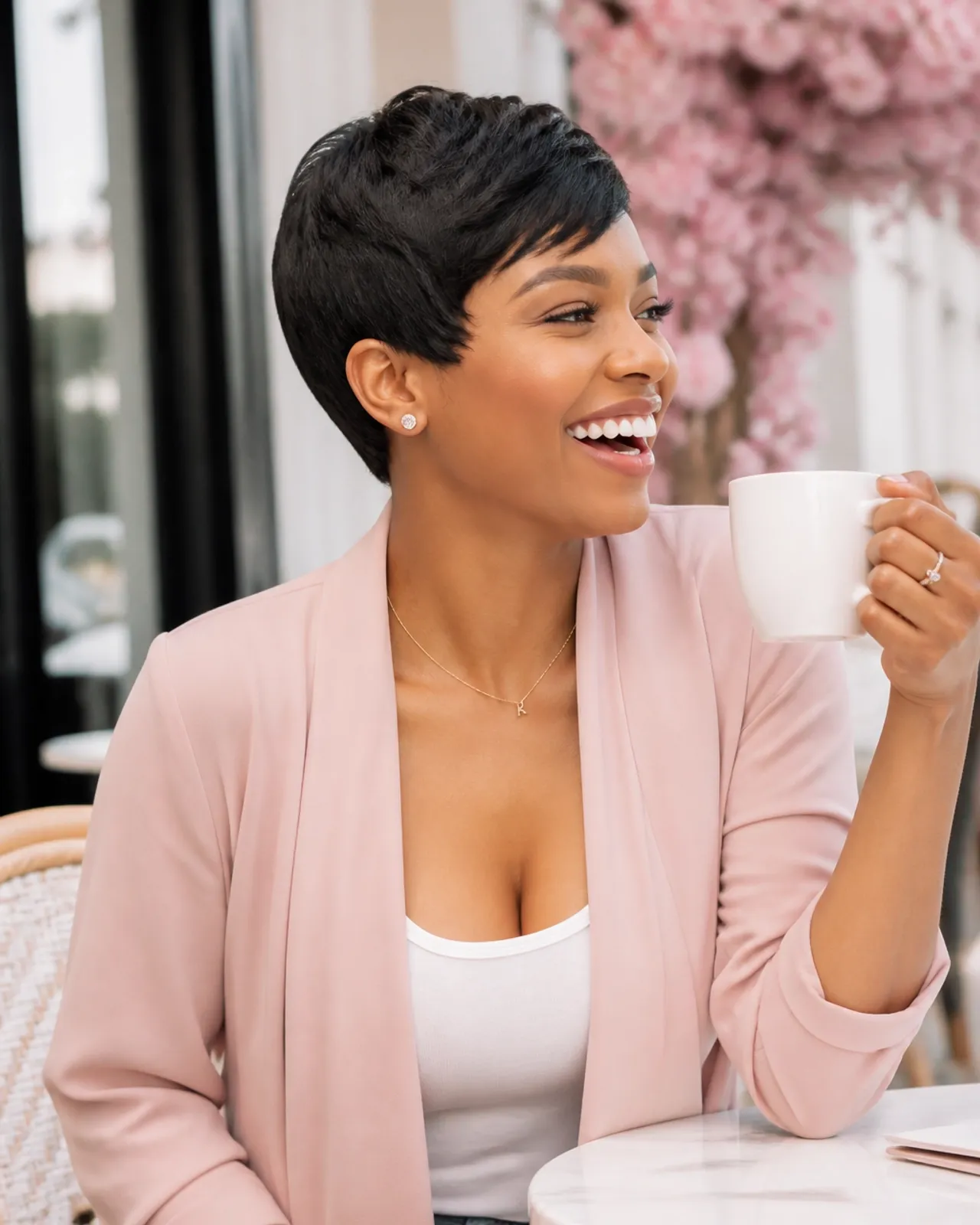 Woman at a cafe wearing a chic glueless pixie cut wig