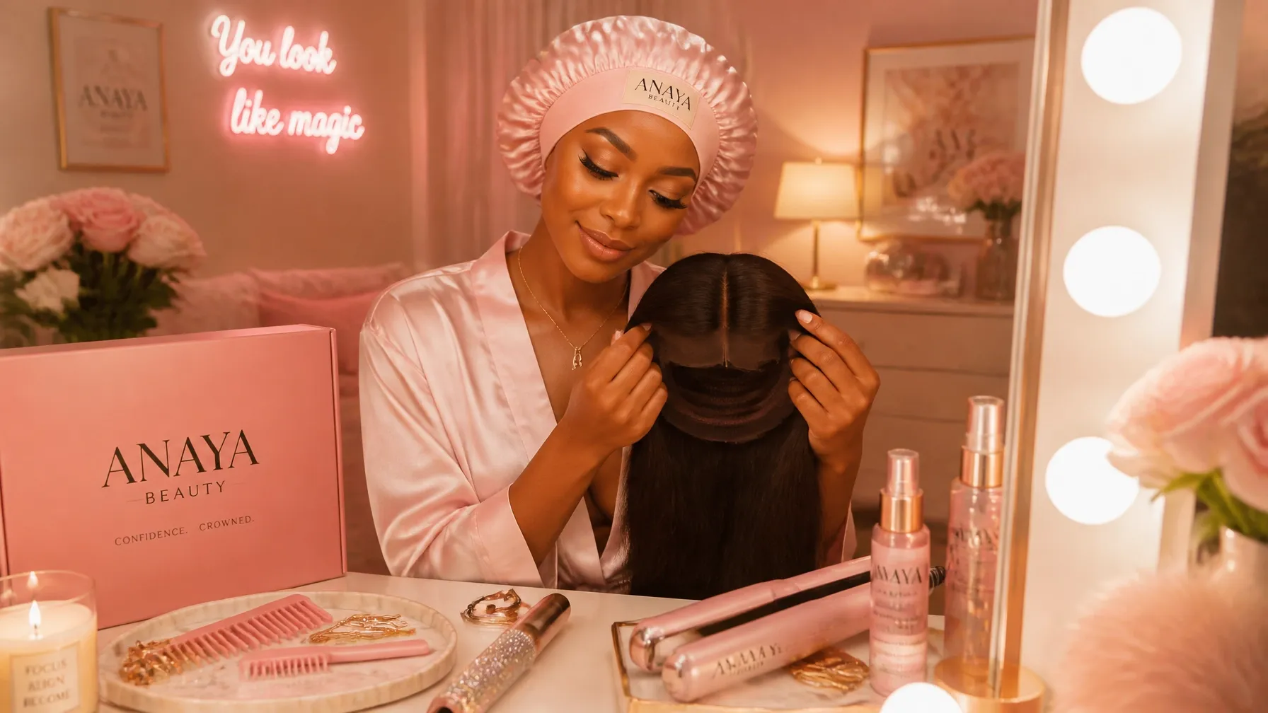 Glueless wig installation essentials on a vanity