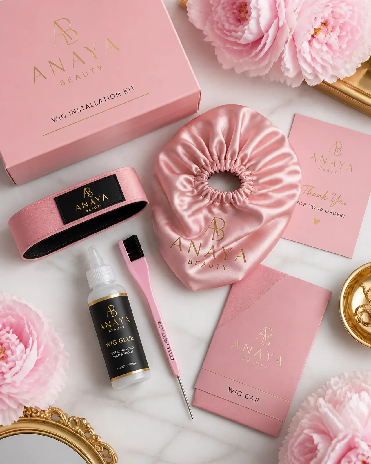 Anaya beauty essentials arranged on a vanity