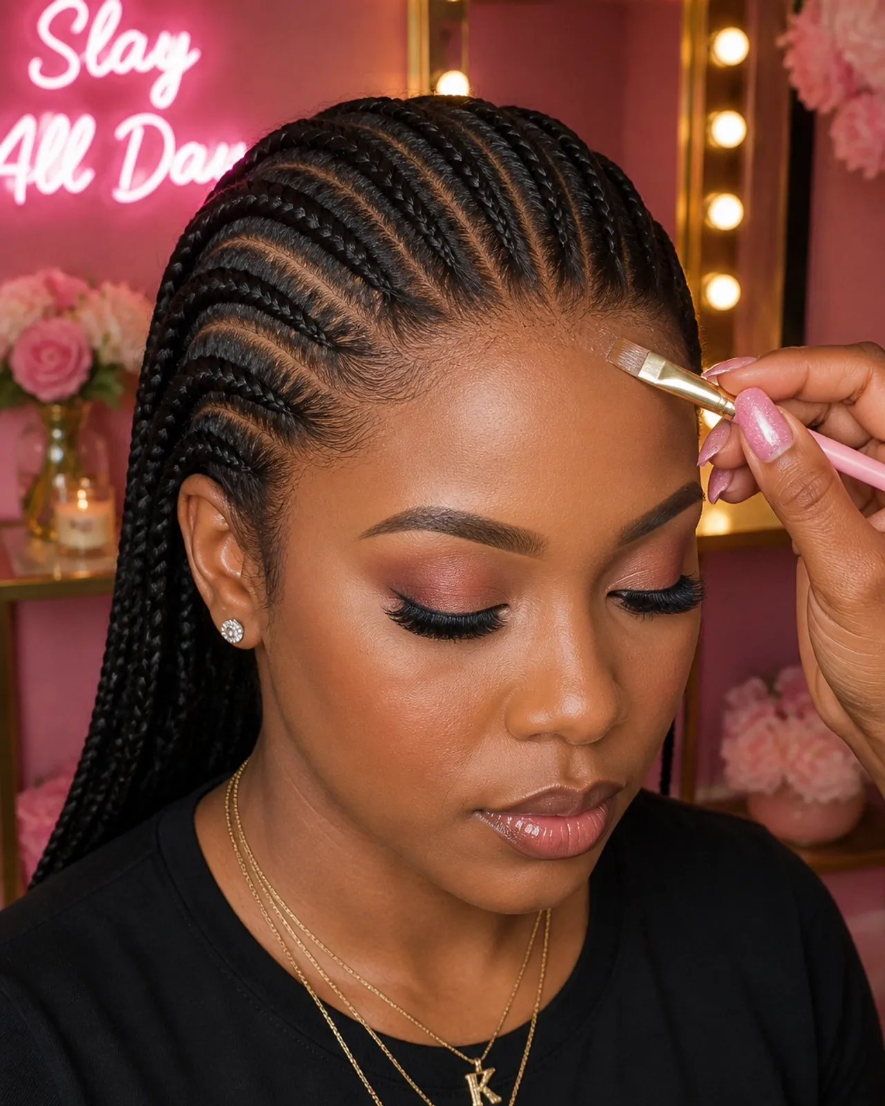 Blush-toned makeup being applied with a beauty brush