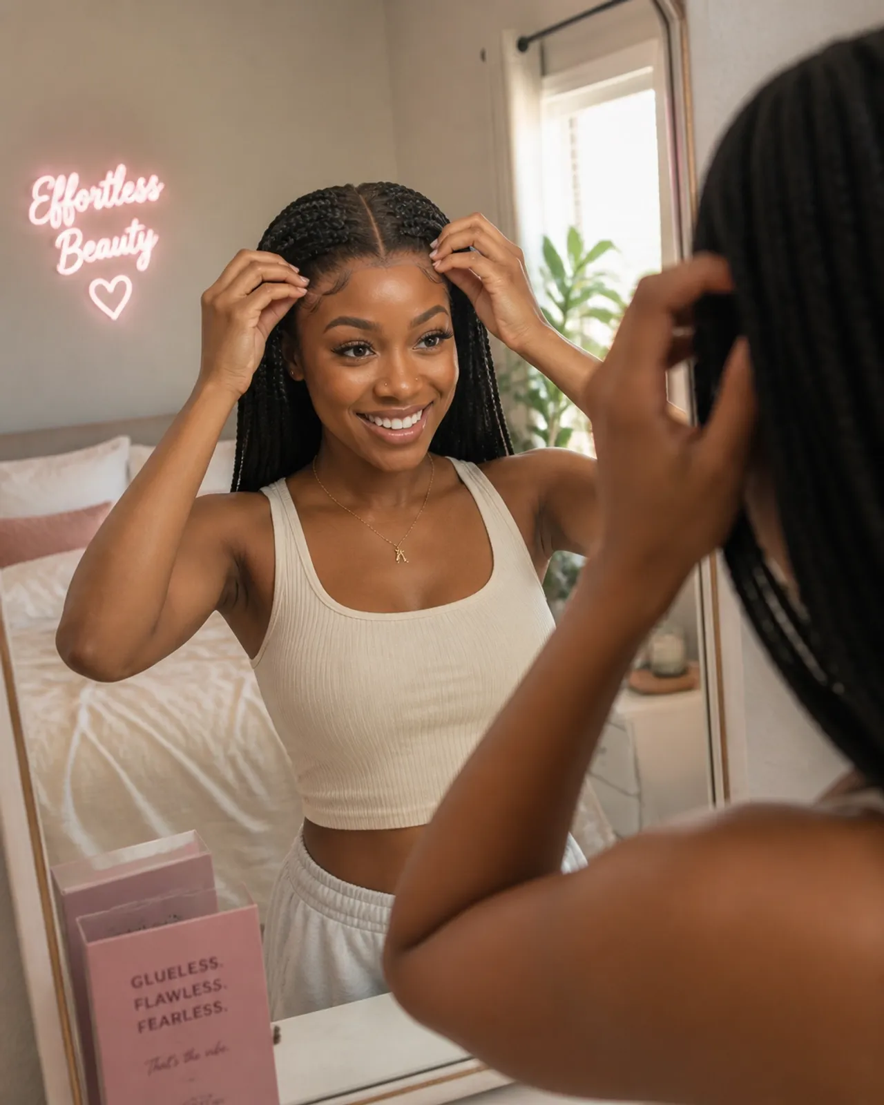 A woman adjusting a glueless braided wig in front of a mirror