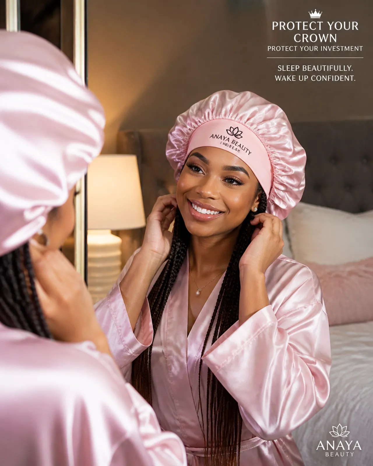 Woman wearing a pink silk bonnet looking in the mirror