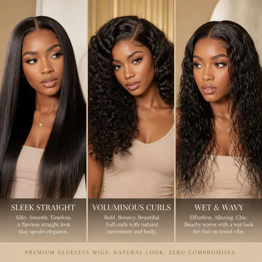 Collage showing straight, curly, and wavy hair textures