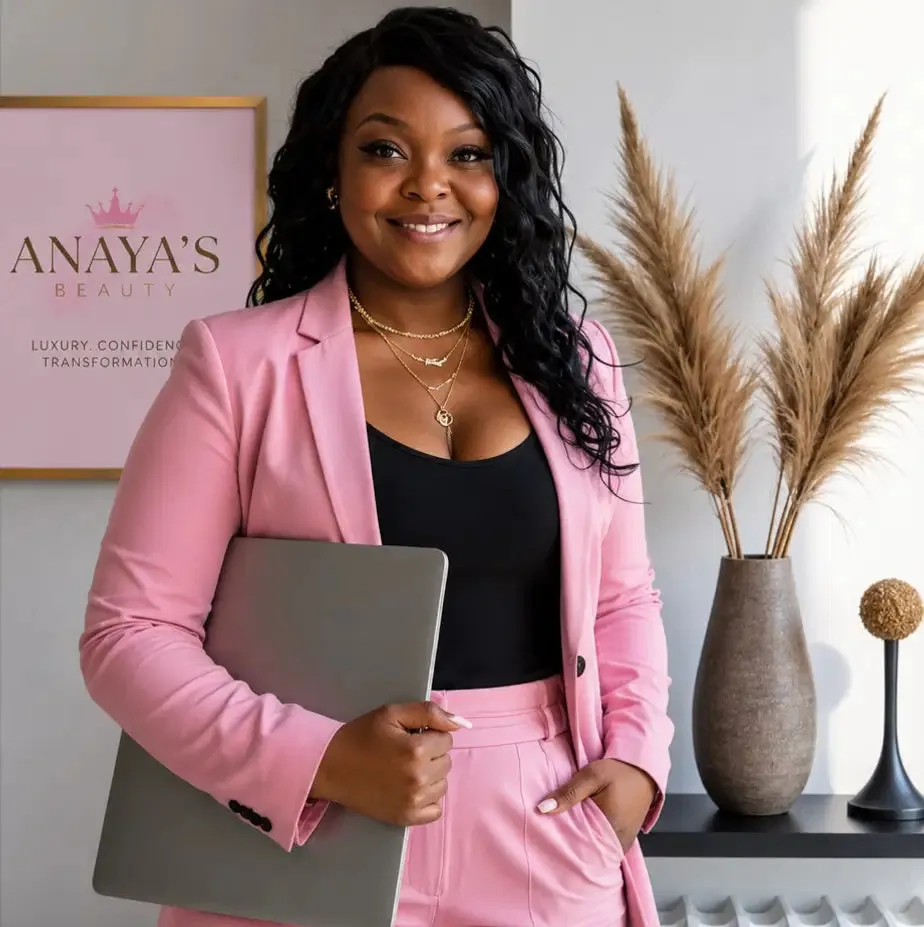 Anaya’s Beauty founder in a pink blazer
